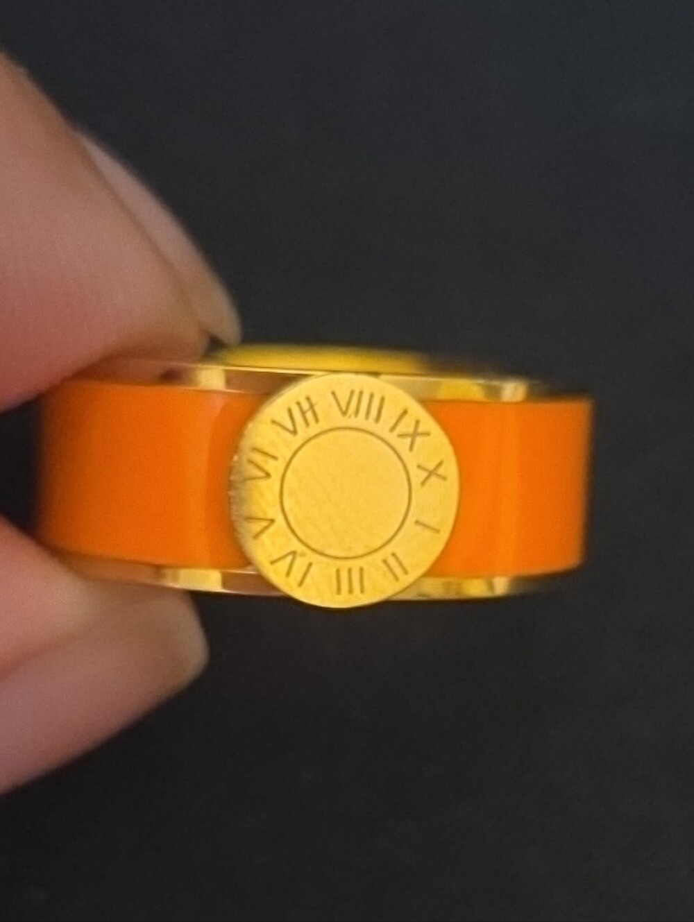 Gold-Tone Orange Enamel Ring with Roman Numeral Medallion Size 6 NIP
